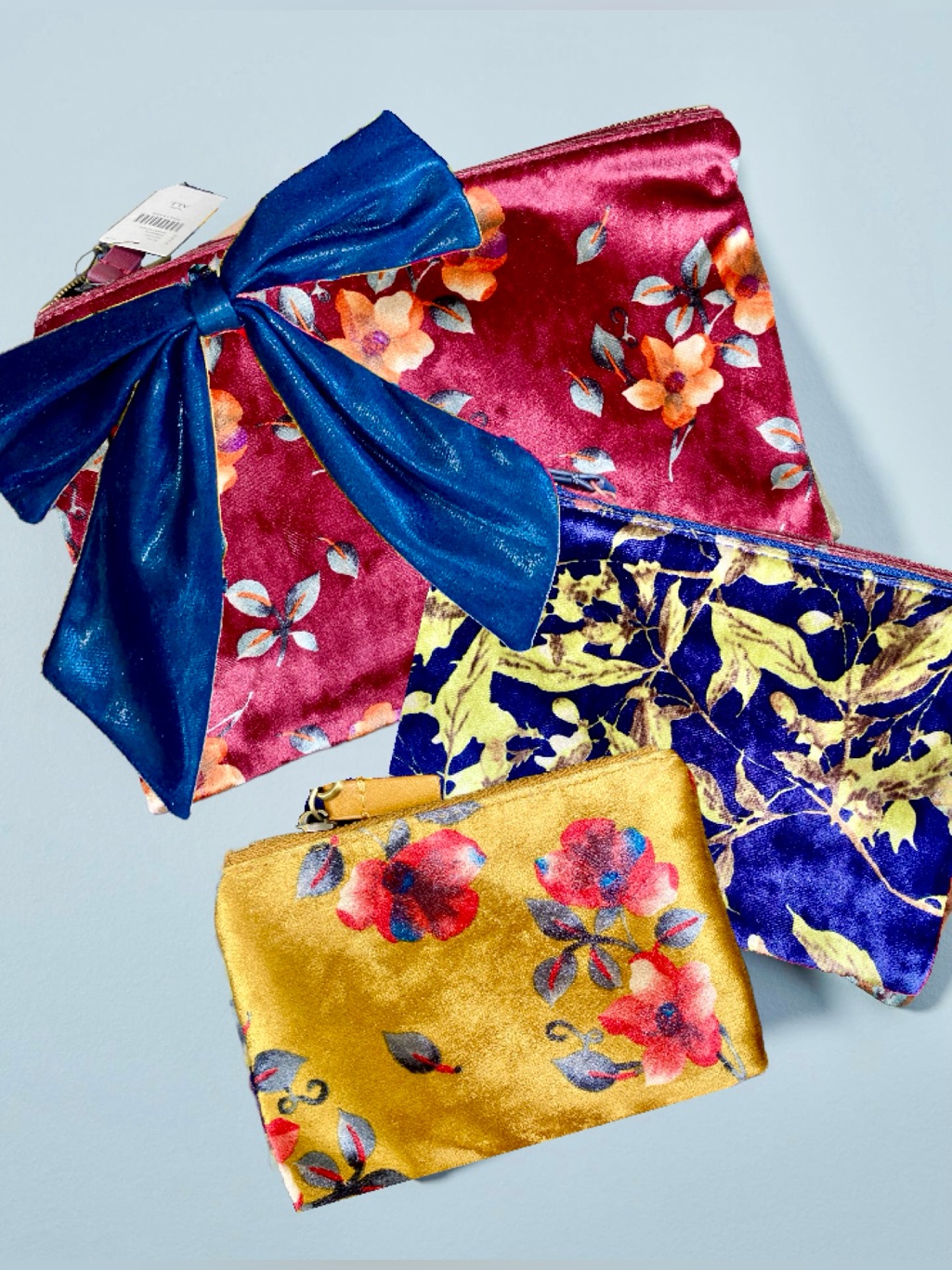 3pc Anthropologie X Remi/Reid Velvet Floral Nesting Pouch Cosmetic Bag Set W/Bow